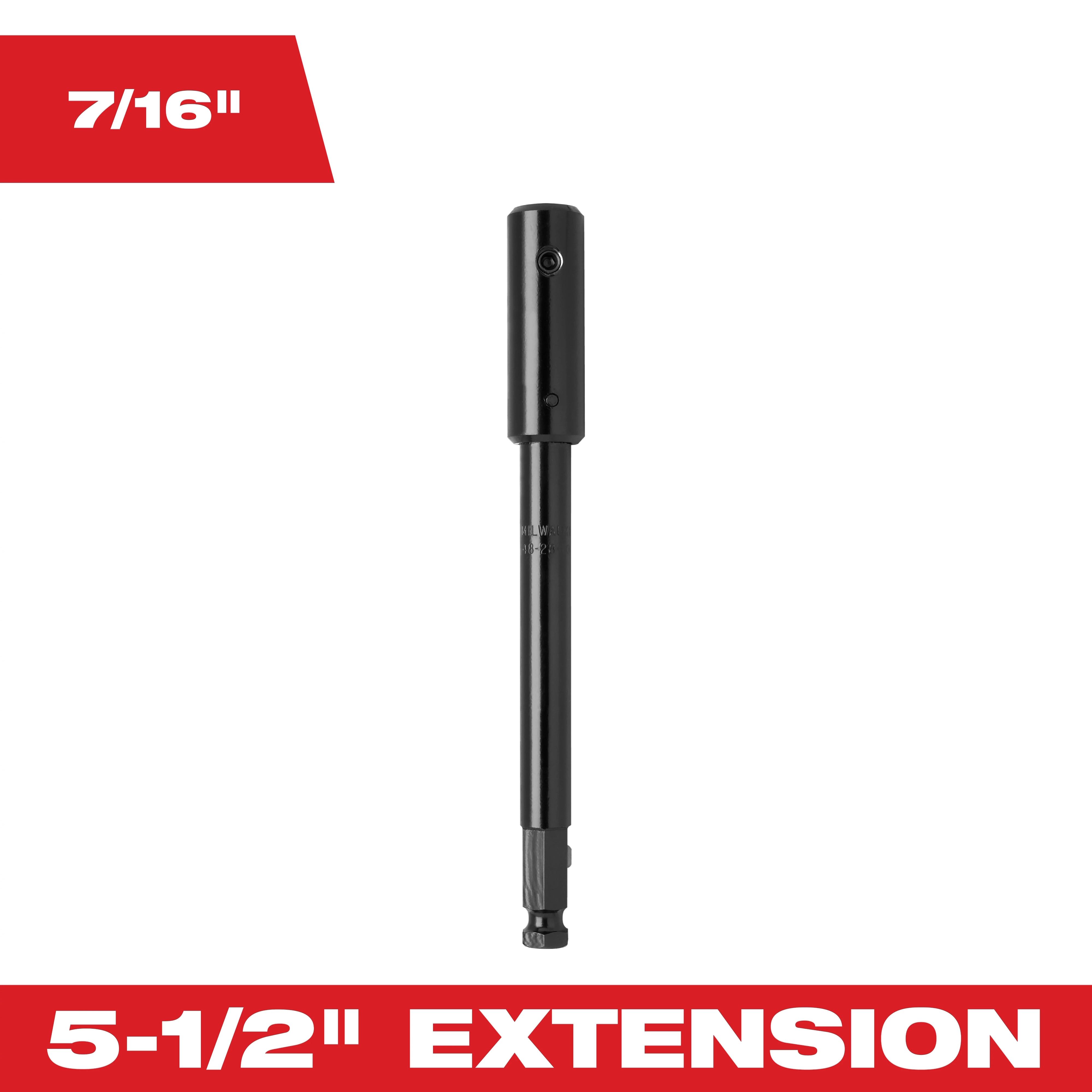 The image features a 7/16-inch, 5-1/2 inch extension made of black metal. The product is designed for extending the reach of tools in various applications.