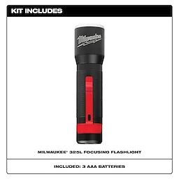 Milwaukee 325L Focusing Flashlight kit includes the flashlight and three AAA batteries.