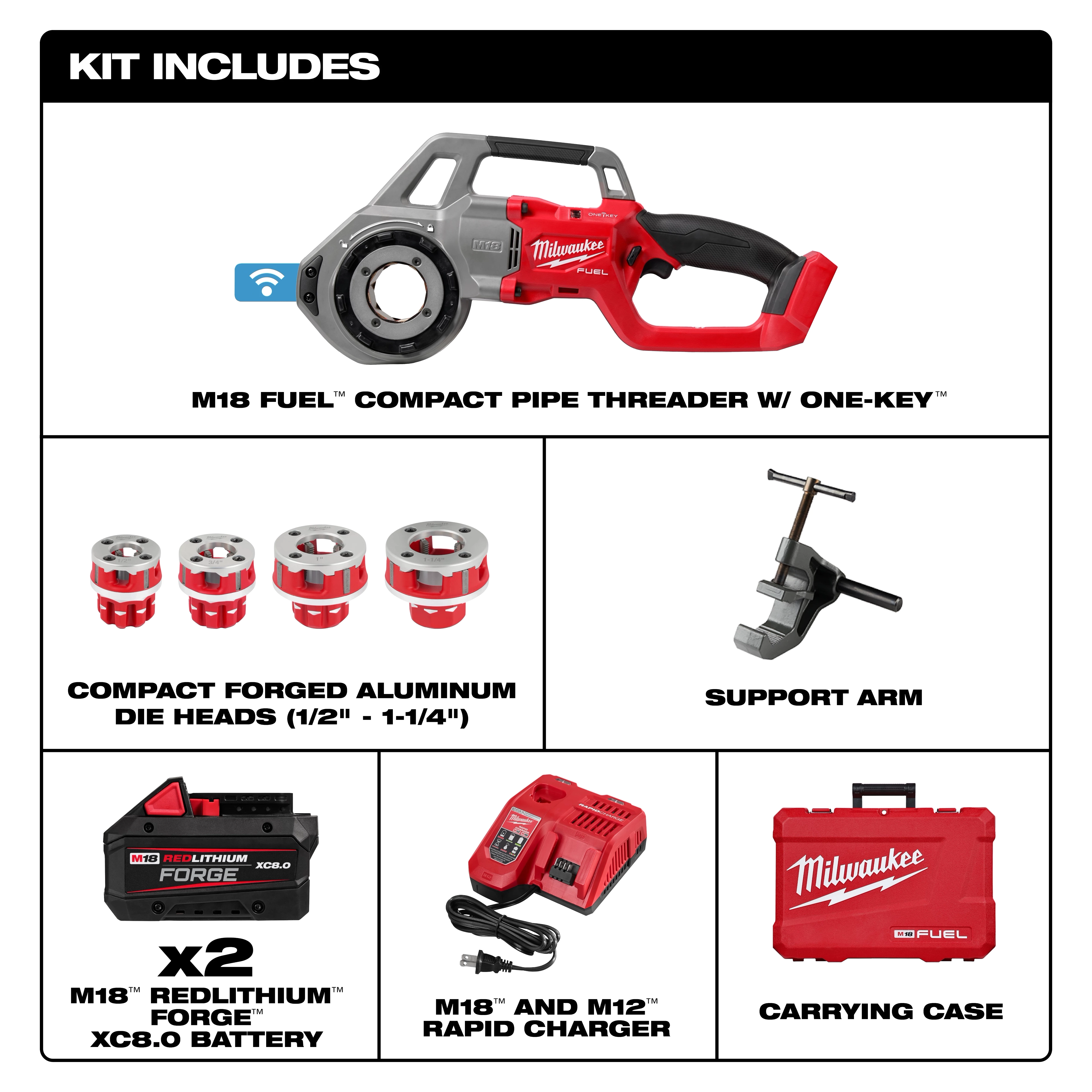 The image shows the Milwaukee M18 FUEL Compact Pipe Threader w/ ONE-KEY along with its accessories. These include four compact forged aluminum die heads (1/2" to 1-1/4"), a support arm, two M18 REDLITHIUM FORGE XC8.0 batteries, an M18 and M12 rapid charger, and a red carrying case.