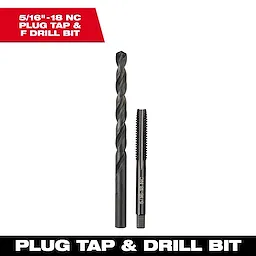5/16"-18 NC Straight Flute Plug Tap and F Drill Bit are shown. The plug tap has threading, while the drill bit is smooth.