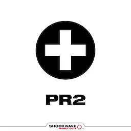 The image shows the SHOCKWAVE™ PR2 Tip Type, featuring a black circular icon with a white cross inside and the text "PR2" below it. The SHOCKWAVE Impact Duty logo is at the bottom.
