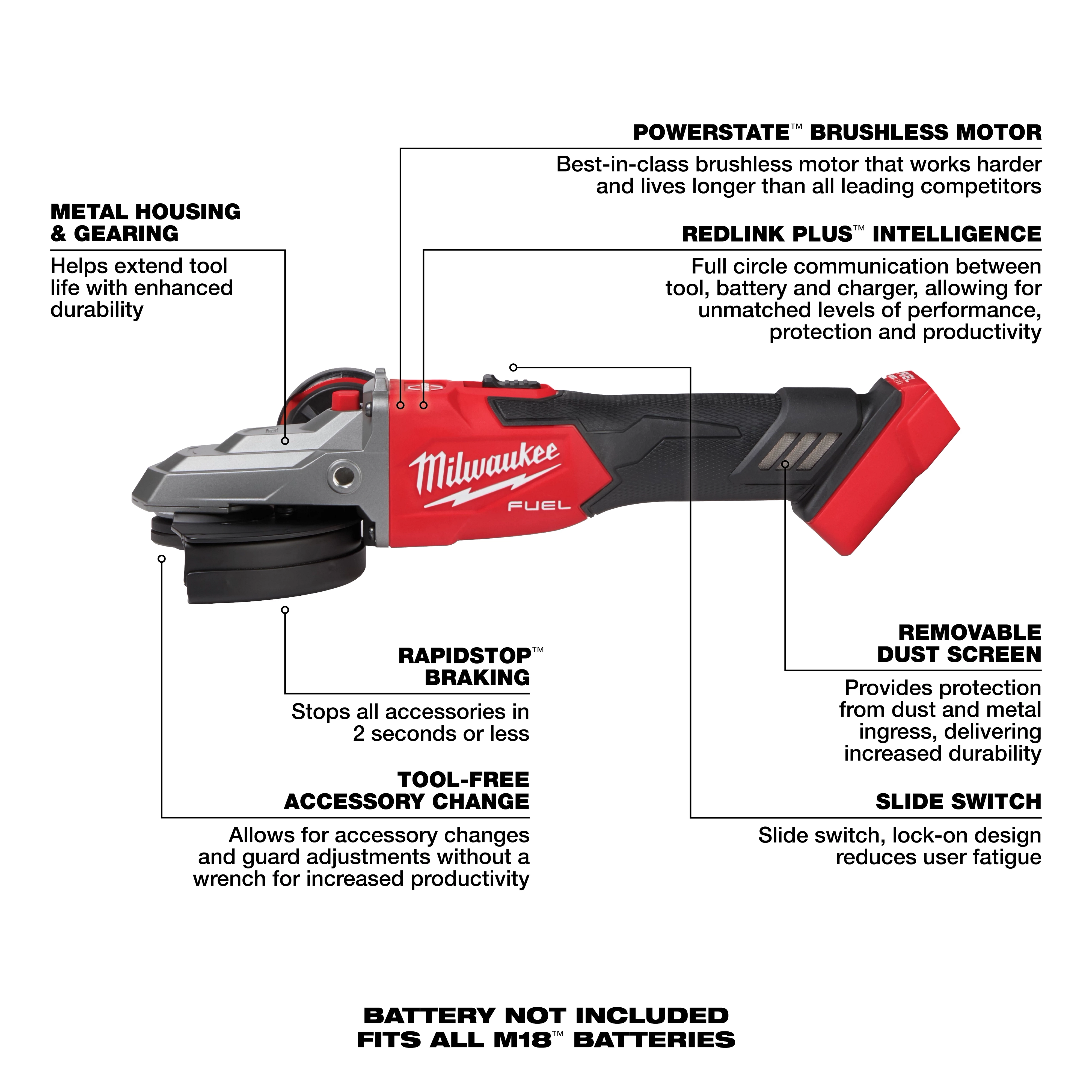 Milwaukee M18 FUEL™ 5" Flathead Braking Grinder, Slide Switch Lock-On features a brushless motor, metal housing, rapid-stop braking, tool-free accessory change, removable dust screen, and slide switch with lock-on design. It has advanced intelligence for enhanced performance and durability. Battery not included, fits all M18™ batteries.