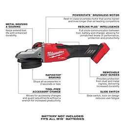Milwaukee M18 FUEL™ 5" Flathead Braking Grinder, Slide Switch Lock-On features a brushless motor, metal housing, rapid-stop braking, tool-free accessory change, removable dust screen, and slide switch with lock-on design. It has advanced intelligence for enhanced performance and durability. Battery not included, fits all M18™ batteries.