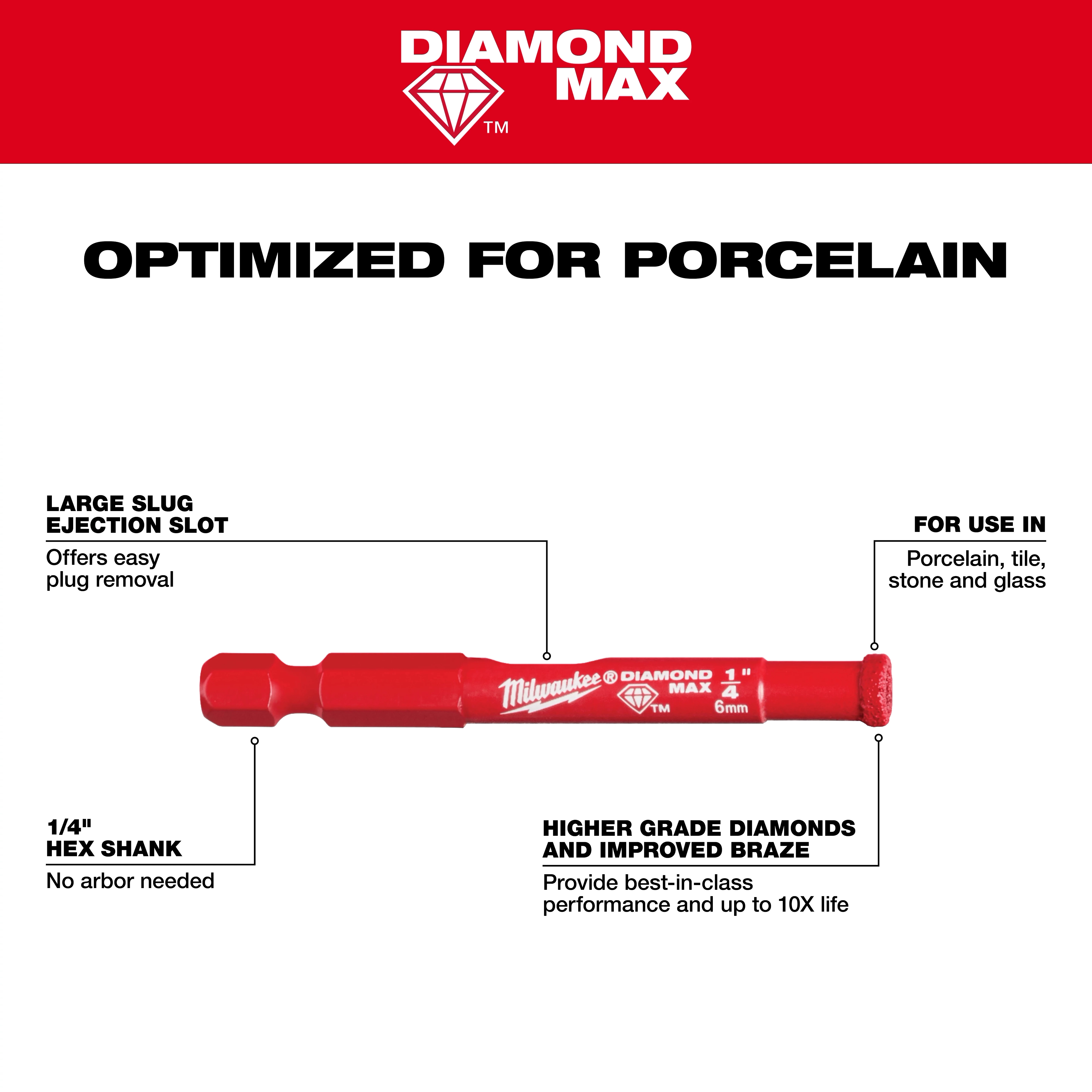 Small Cup Diamond Max Walkaround is a red drill bit optimized for porcelain with a 1/4" hex shank, large slug ejection slot, and high-grade diamonds.