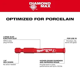 Small Cup Diamond Max Walkaround is a red drill bit optimized for porcelain with a 1/4" hex shank, large slug ejection slot, and high-grade diamonds.