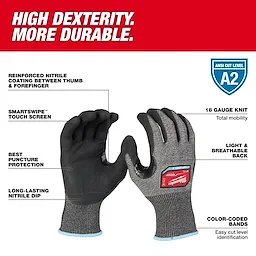 Cut Level 2 High-Dexterity Nitrile Dipped Gloves feature reinforced nitrile coating, touchscreen compatibility, and puncture protection.