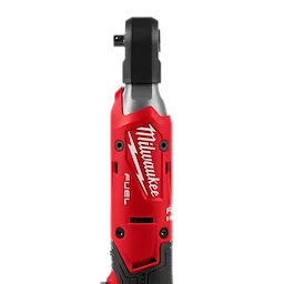 The M12 FUEL™ ¼” Ratchet Protective Boot is displayed in red with the brand’s logo and name written vertically. The tool features durable casing and a compact design for accessibility in tight spaces.