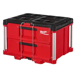 Red PACKOUT 2 Drawer Tool Box with black handles and reinforced corners. Features two drawers and a flat top for stacking.