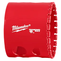 Milwaukee 2-1/8" Diamond Max Hole Saw, red with large cutting teeth, brand logo, and Diamond Max label in white.