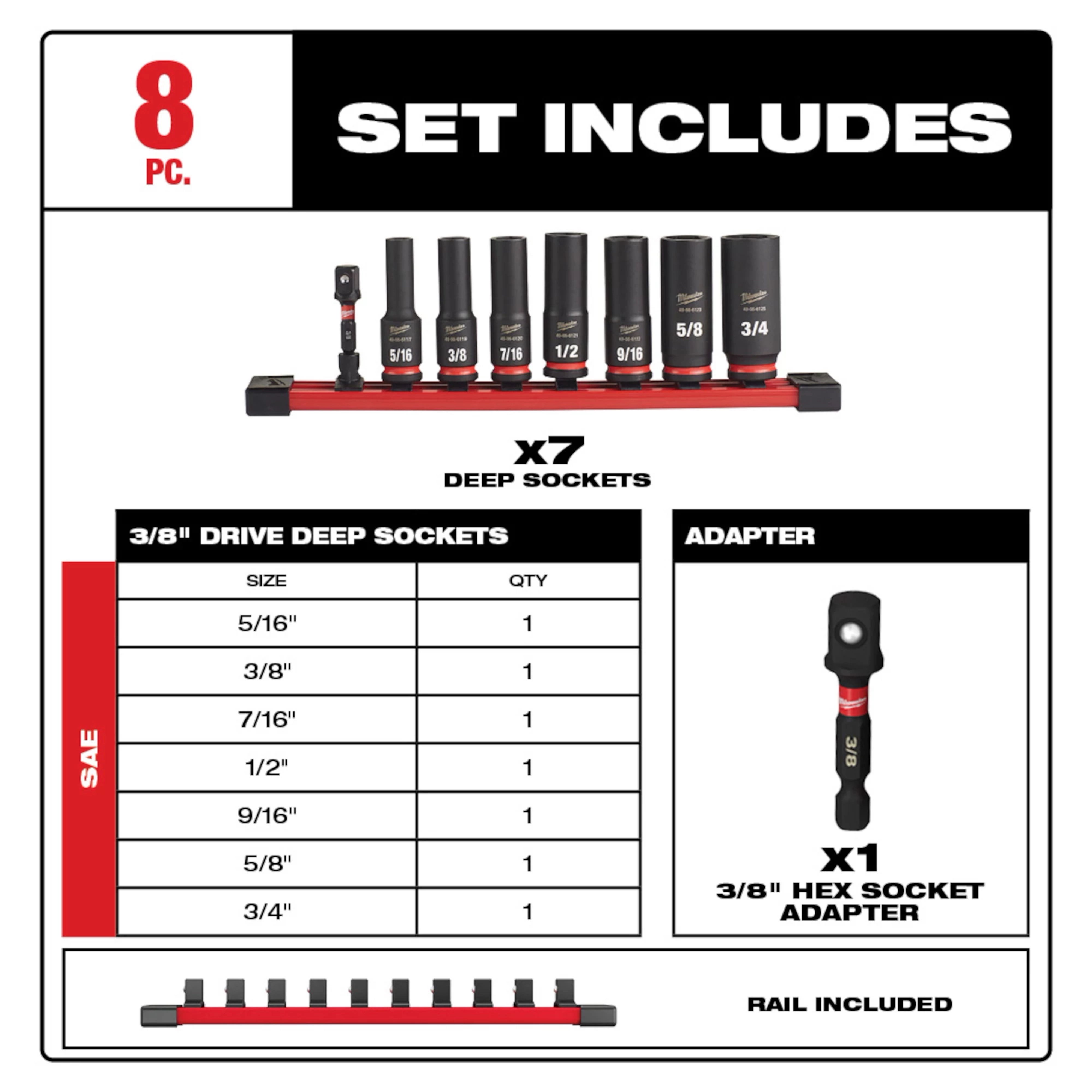 8PC SHOCKWAVE Impact Duty™  3/8" Drive SAE Deep 6 Point Socket Set

Image for Ecomm use