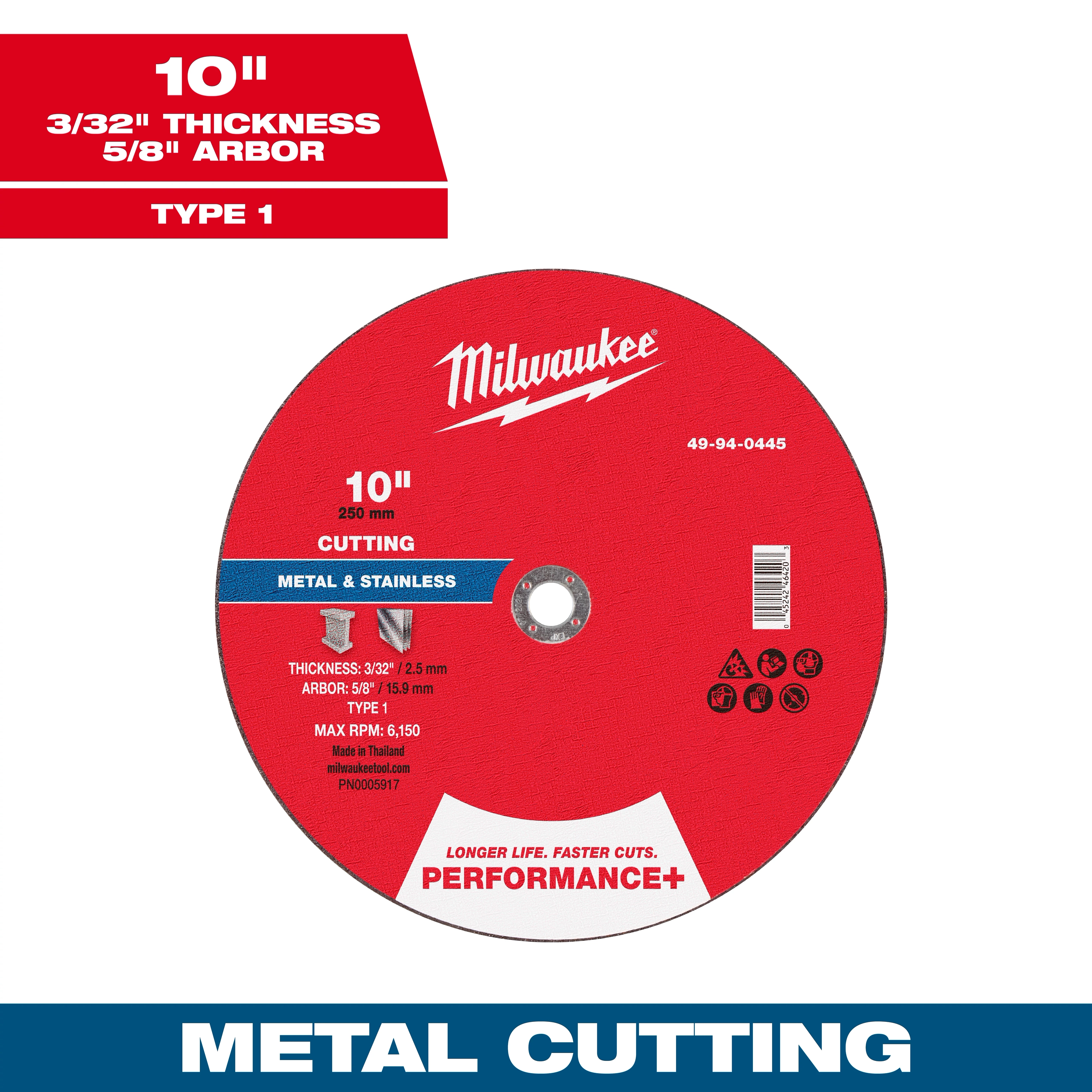 10" x 3/32" x 5/8" Performance+ Metal Cut Off Wheel for cutting metal and stainless steel. Red disc with white labeling.