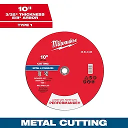 10" x 3/32" x 5/8" Performance+ Metal Cut Off Wheel for cutting metal and stainless steel. Red disc with white labeling.