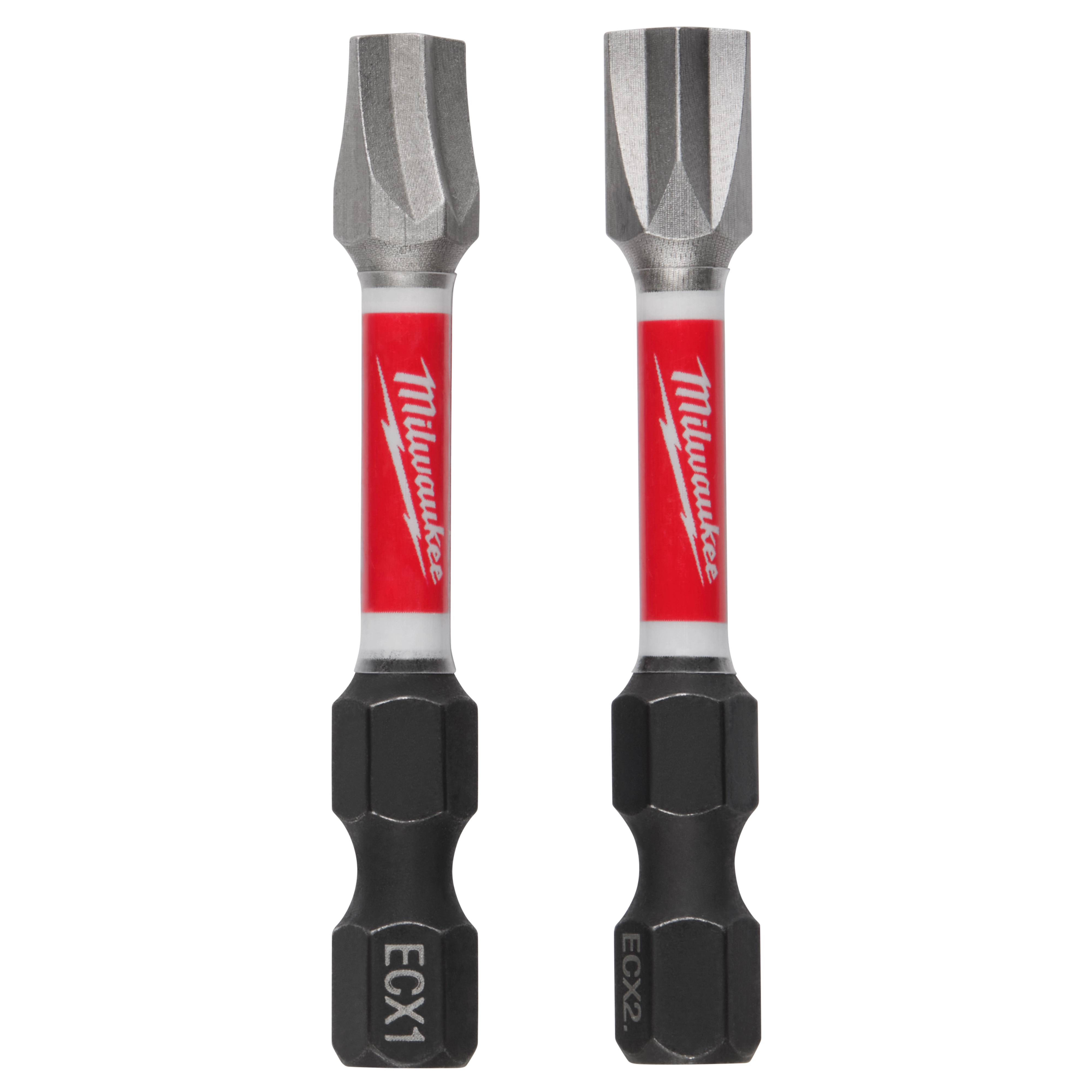 The image shows the SHOCKWAVE™ 2" 2PC ECX™ Combo Kit, featuring two hexagonal screwdriver bits with red Milwaukee branding on the shanks. The bits are labeled ECX1 and ECX2, indicating different sizes.
