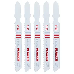 Five bi-metal 3" 14TPI Metal Cutting T Shank Jig Saw Blades in a row labeled with "MILWAUKEE", "51-90", and "Swiss Made" in red text.