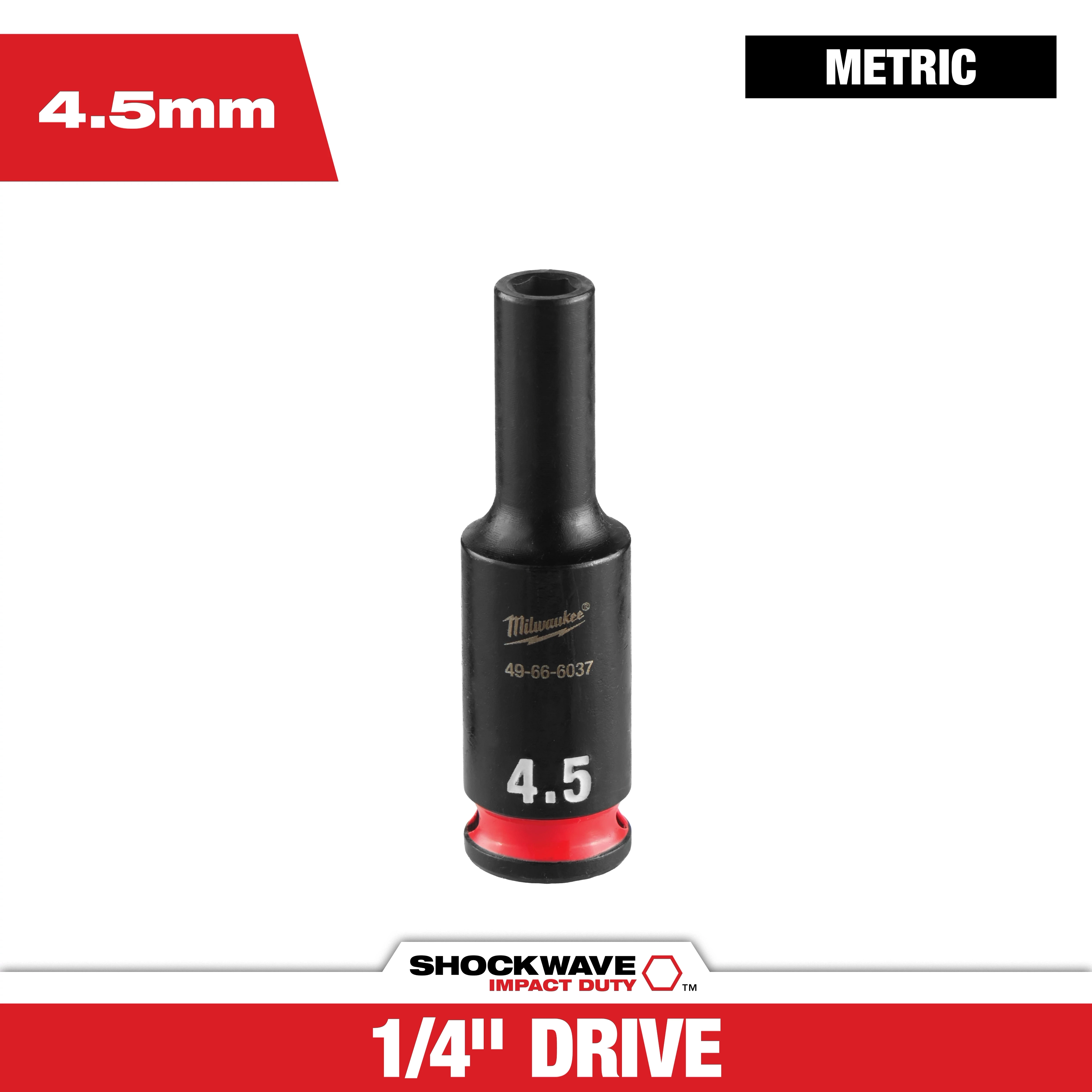 SHOCKWAVE Impact Duty 1/4" Drive 4.5MM Deep 6 Point Socket standing upright on a white background.