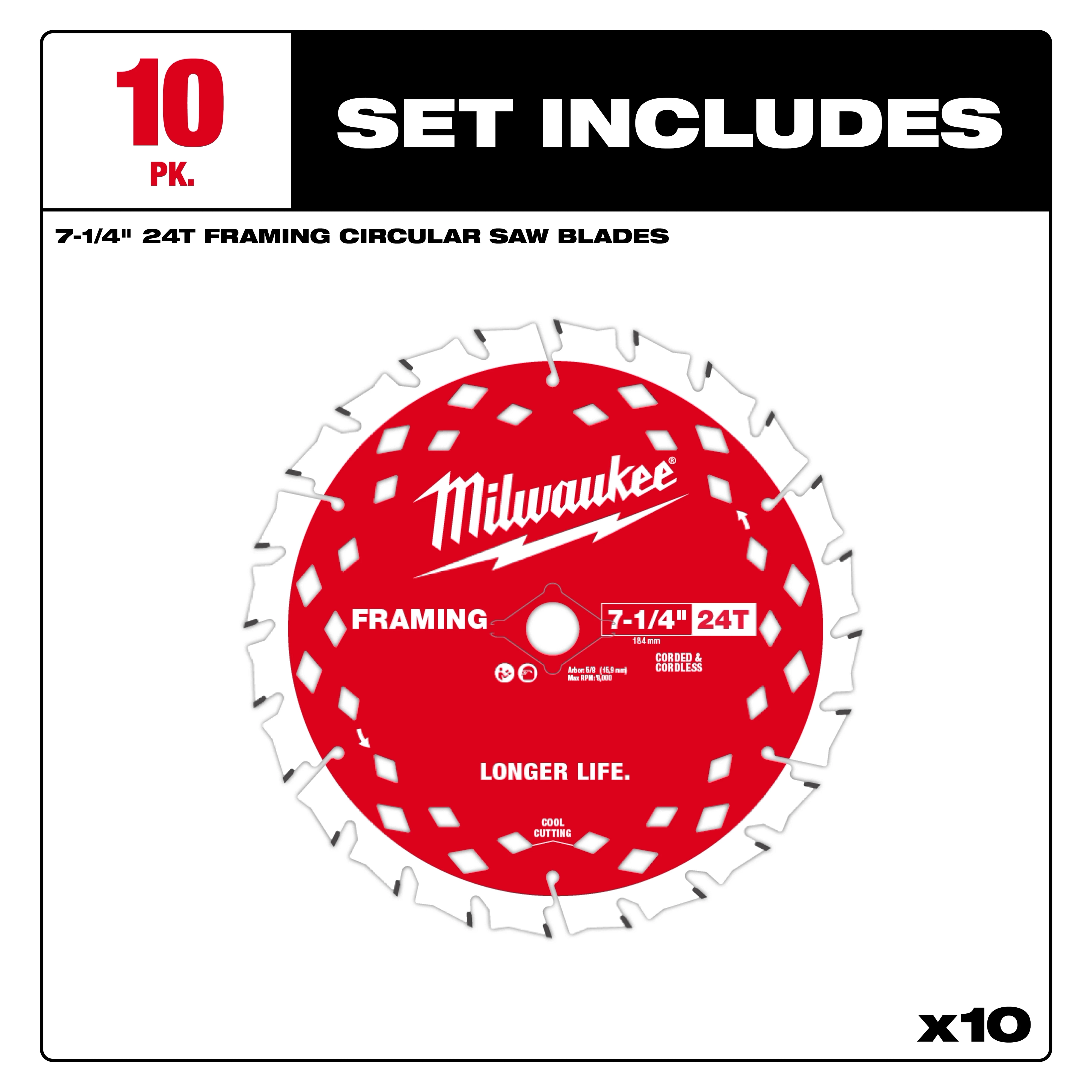 Milwaukee set of ten 7-1/4" 24T framing circular saw blades, featuring a red design and labeled for longer life.