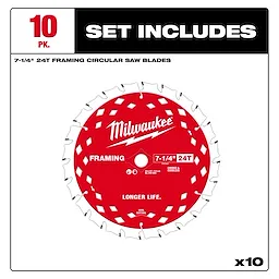 Milwaukee set of ten 7-1/4" 24T framing circular saw blades, featuring a red design and labeled for longer life.