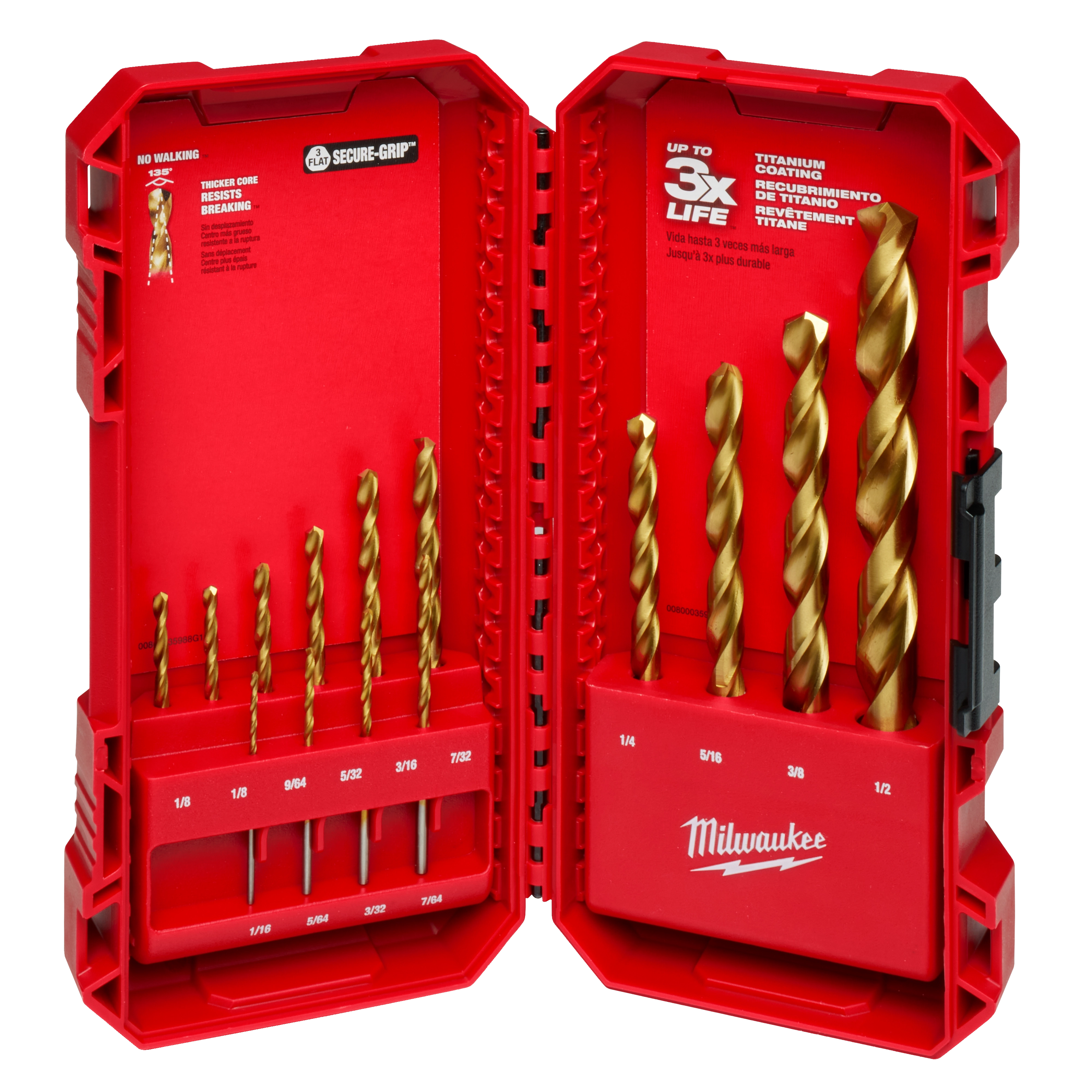 THUNDERBOLT Titanium Drill Bit Set – 14PC in a red case with 14 drill bits of varying sizes, from 1/16 to 1/2 inch.