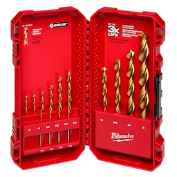 THUNDERBOLT Titanium Drill Bit Set – 14PC in a red case with 14 drill bits of varying sizes, from 1/16 to 1/2 inch.
