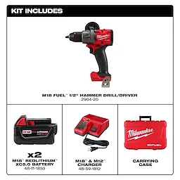 Milwaukee M18 FUEL 1/2" Hammer Drill/Driver Kit including the drill/driver, two batteries, a charger, and a carrying case.