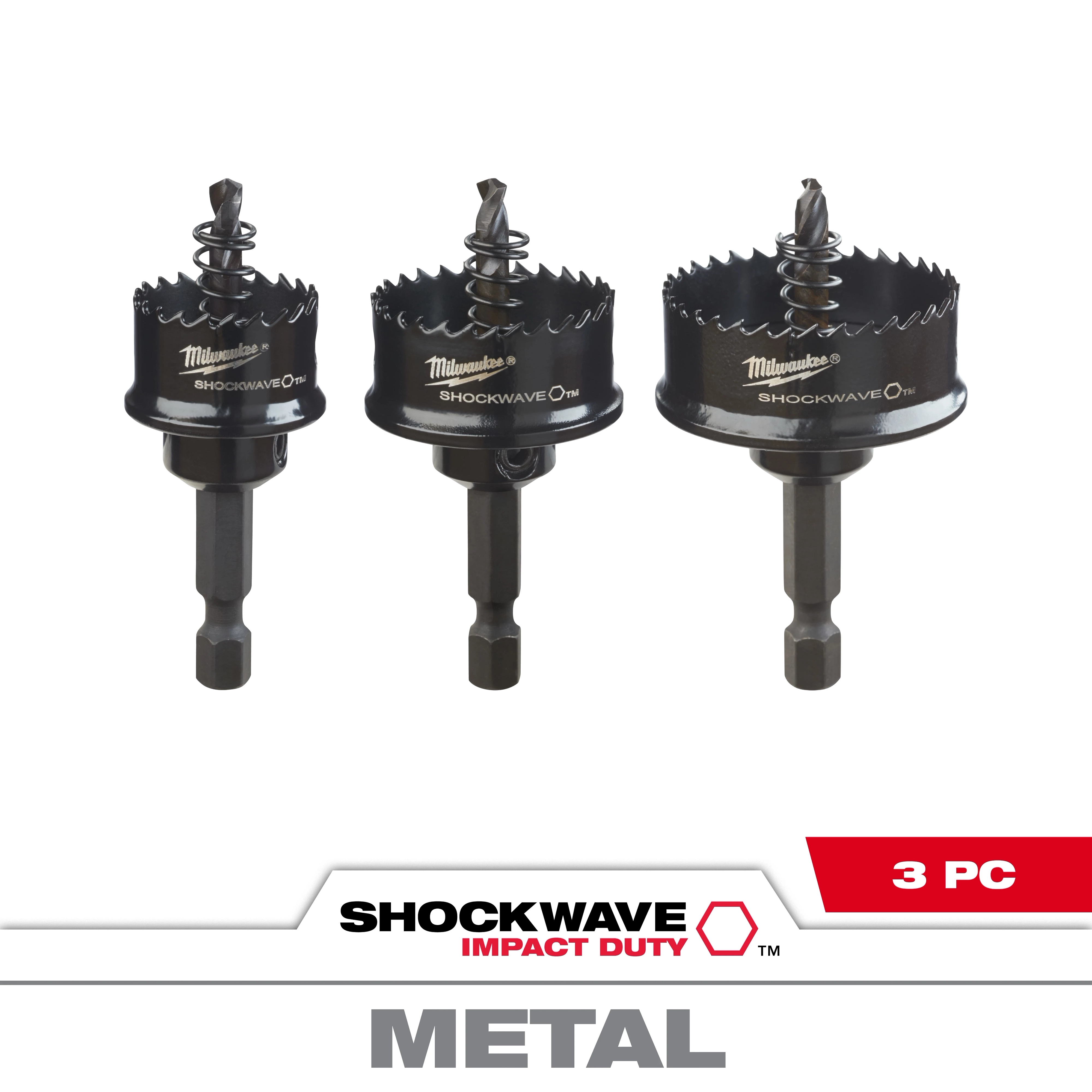 49-22-4800 Primary Image- 3PC Impact SHOCKWAVE Hole Saw set includes three black metal hole saws of varying sizes for drilling.