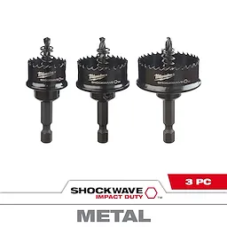 49-22-4800 Primary Image- 3PC Impact SHOCKWAVE Hole Saw set includes three black metal hole saws of varying sizes for drilling.