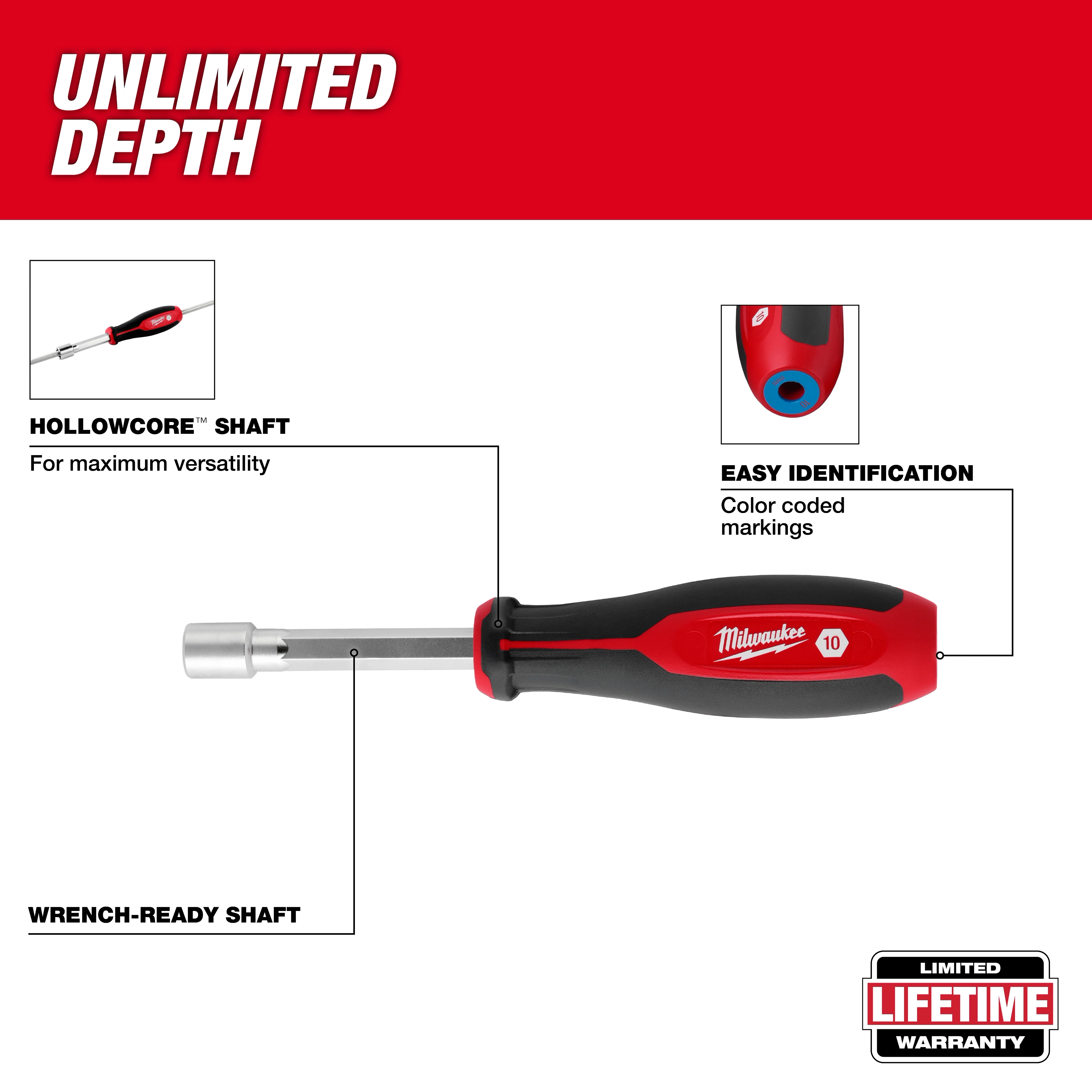 HollowCore Nut Driver - Metric with a red and black handle, color-coded markings, wrench-ready shaft, and a lifetime warranty.