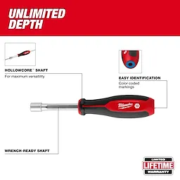 HollowCore Nut Driver - Metric with a red and black handle, color-coded markings, wrench-ready shaft, and a lifetime warranty.