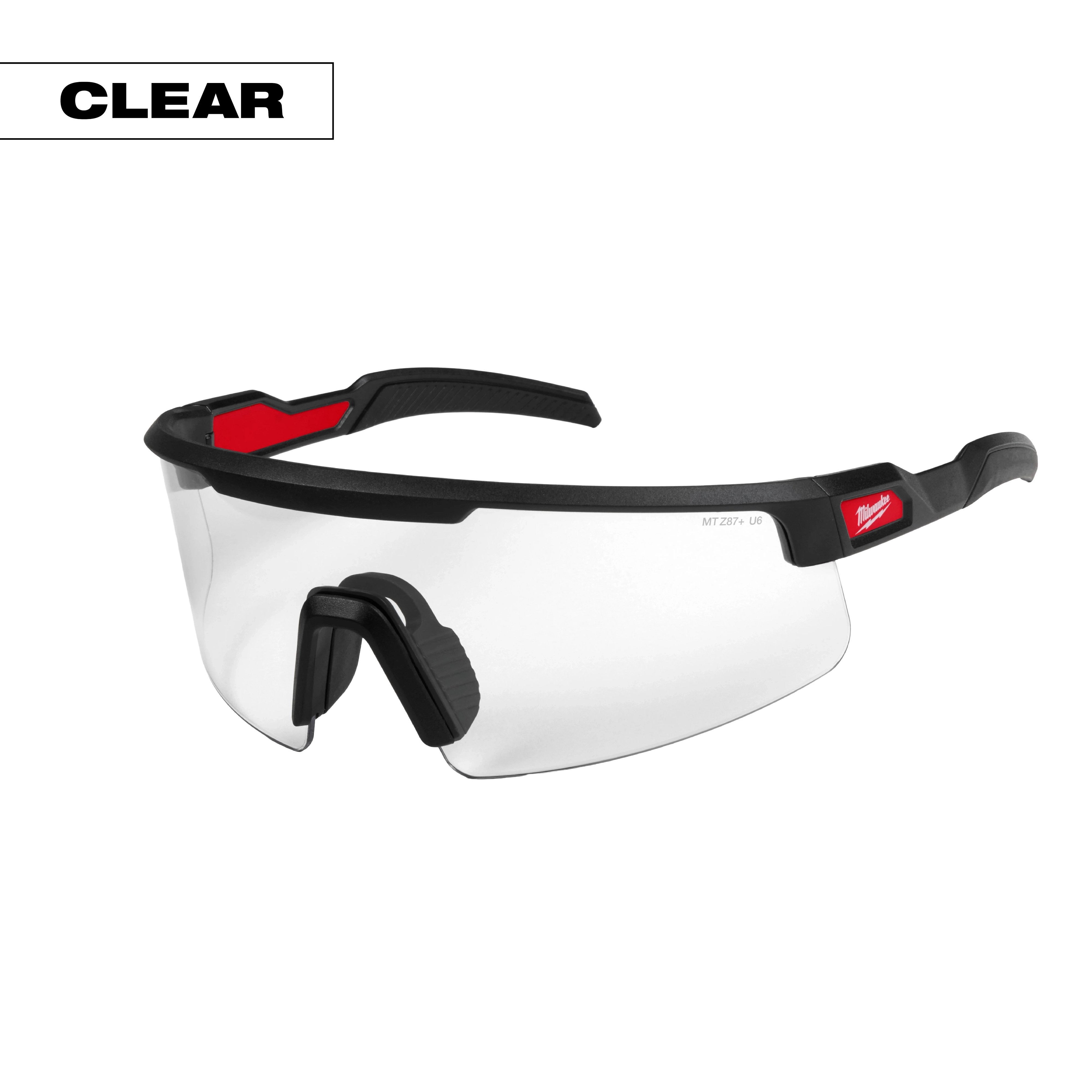 Wrap Around Safety Glasses with clear anti-scratch lenses, featuring a black and red frame and integrated nose pads.