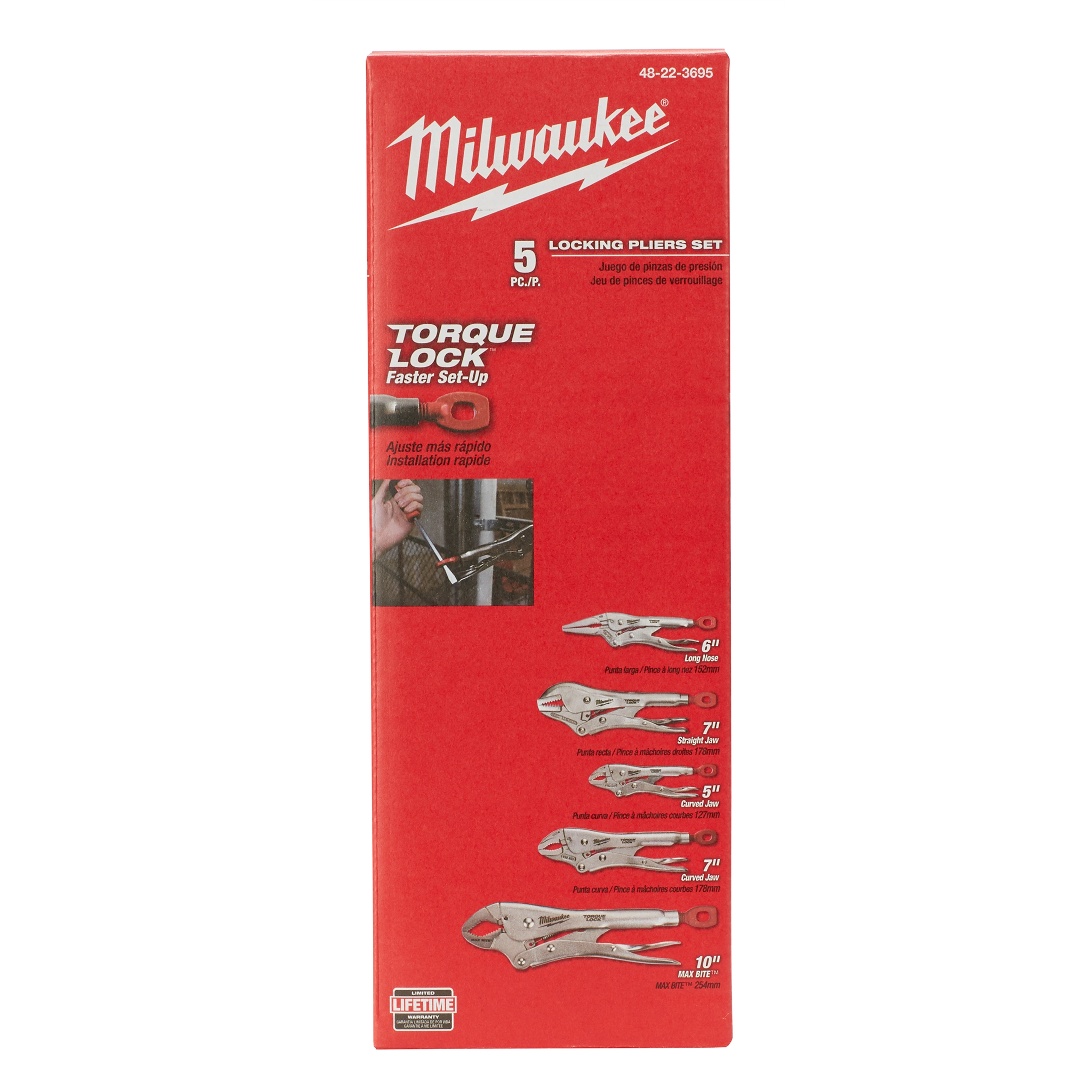 Red package featuring the 5pc. Locking Pliers Set, displaying five different locking pliers and a demonstration image in use.