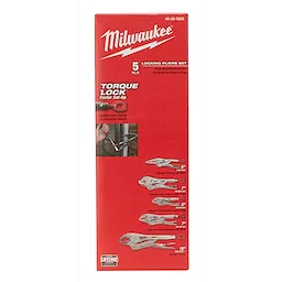 Red package featuring the 5pc. Locking Pliers Set, displaying five different locking pliers and a demonstration image in use.