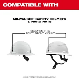 BOLT Personal Voltage Detector shown with two compatible safety helmets and front mount positions.
