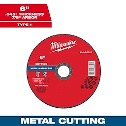 6" x .045" x 7/8" Metal Cut Off Wheel - Type 1 for cutting metal and stainless steel. Red abrasive disc with white text.