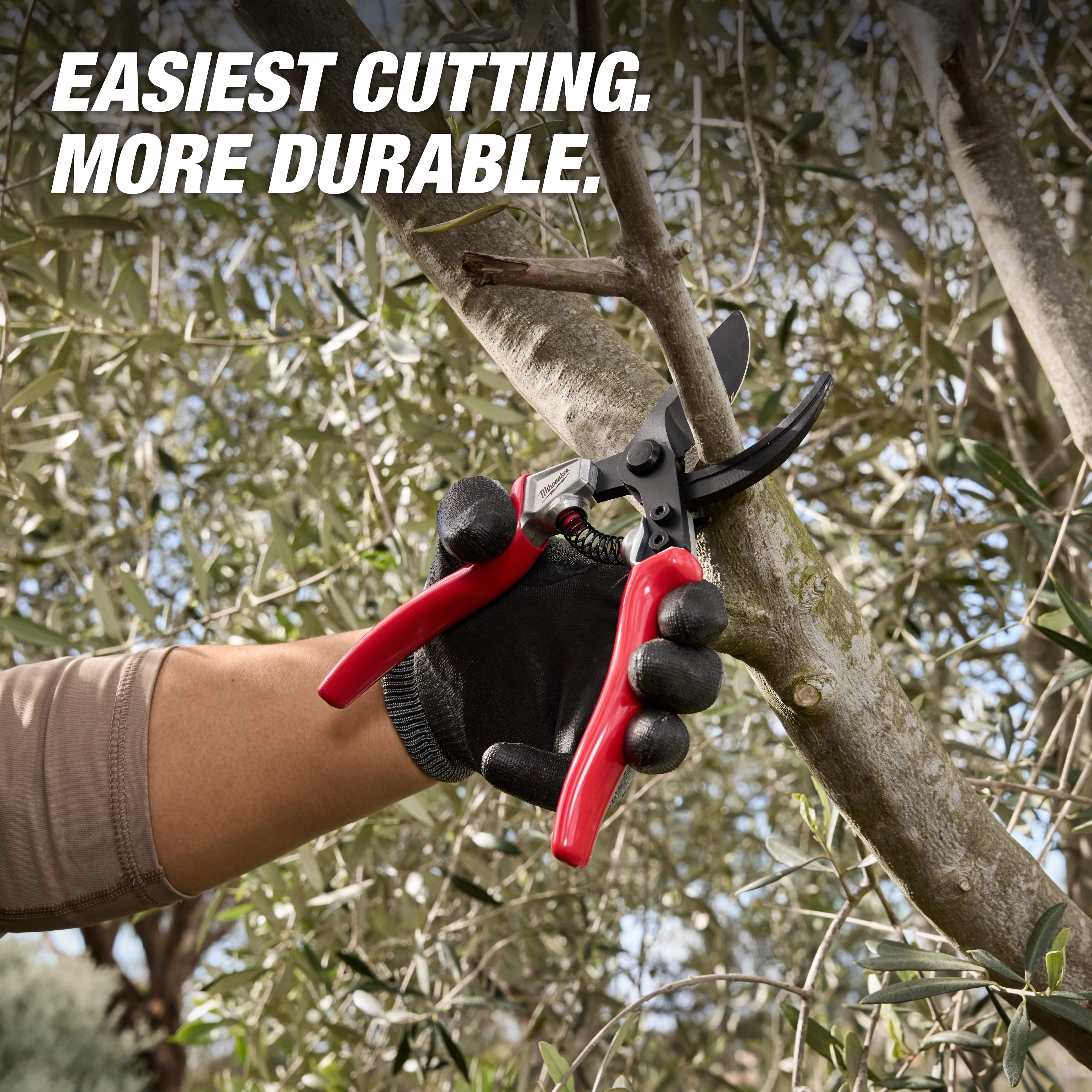 1” Angled Pruner cutting a tree branch, held by a gloved hand among dense foliage.