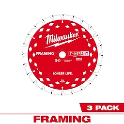 Milwaukee 7-1/4" 24T Framing Circular Saw Blade with red and white design, promotes "Longer Life" and "Cool Cutting." 3 pack.