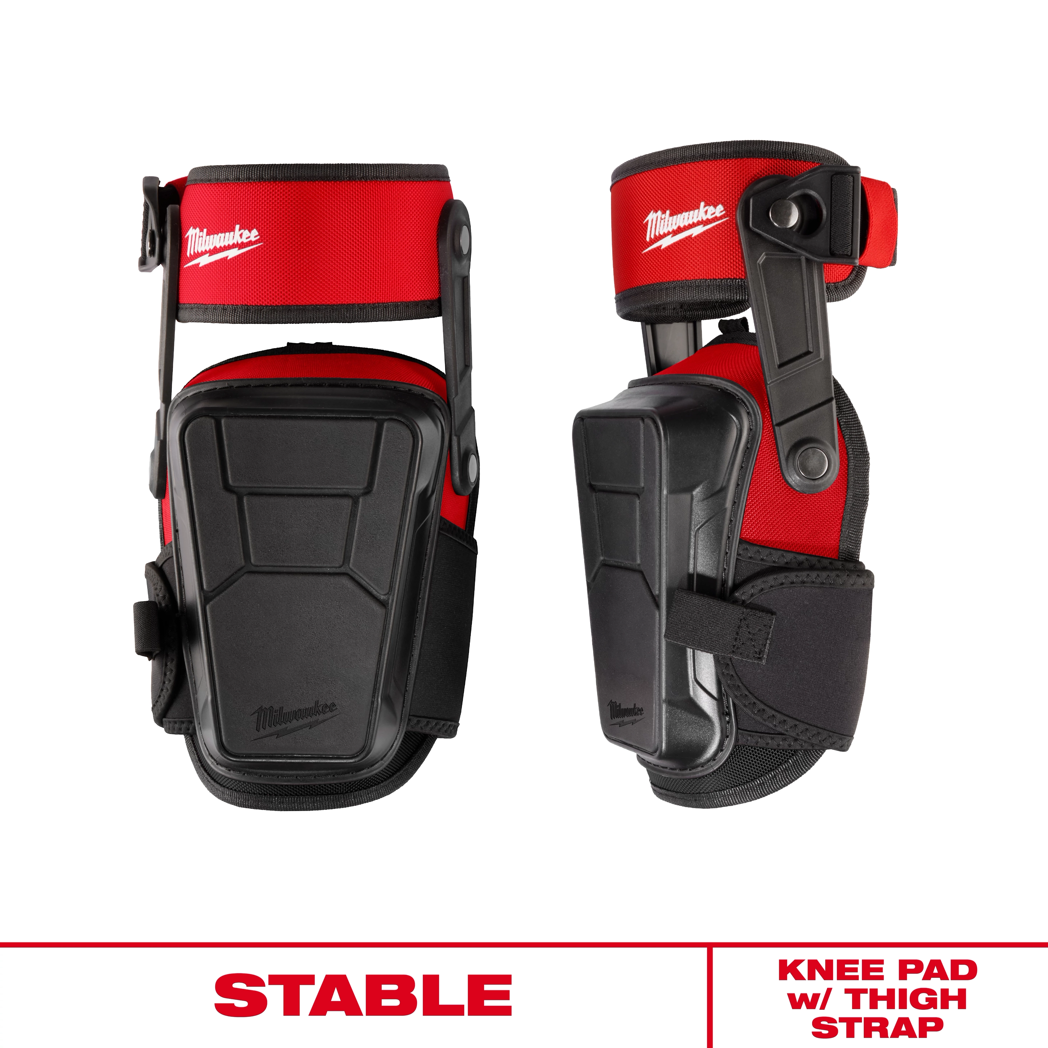 Stabilizer Knee Pad with Thigh Strap shown front and side, with hard shell and adjustable straps.