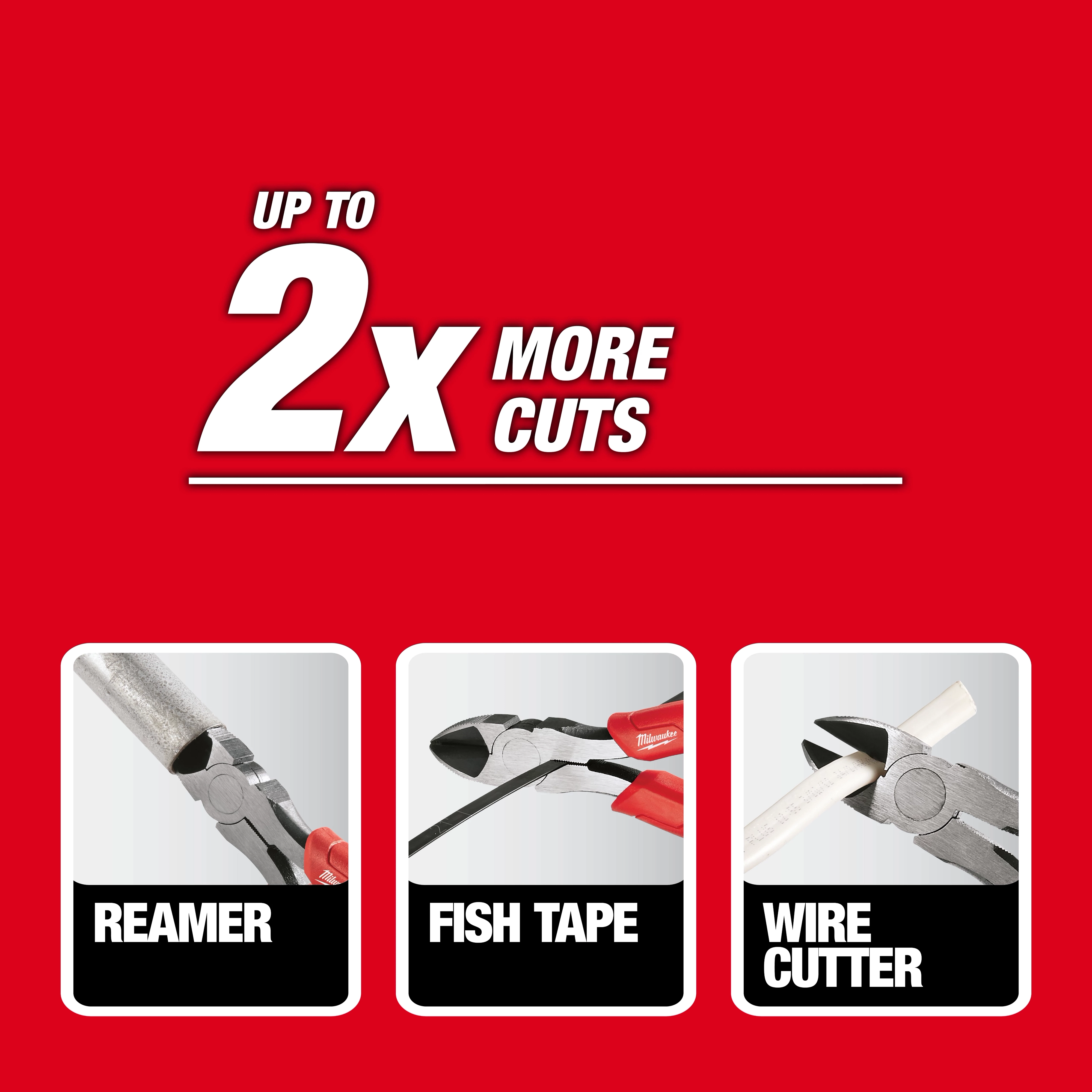 8" Diagonal Cutting Pliers shown cutting wire, fish tape, and reaming conduit with text reading "UP TO 2X MORE CUTS"