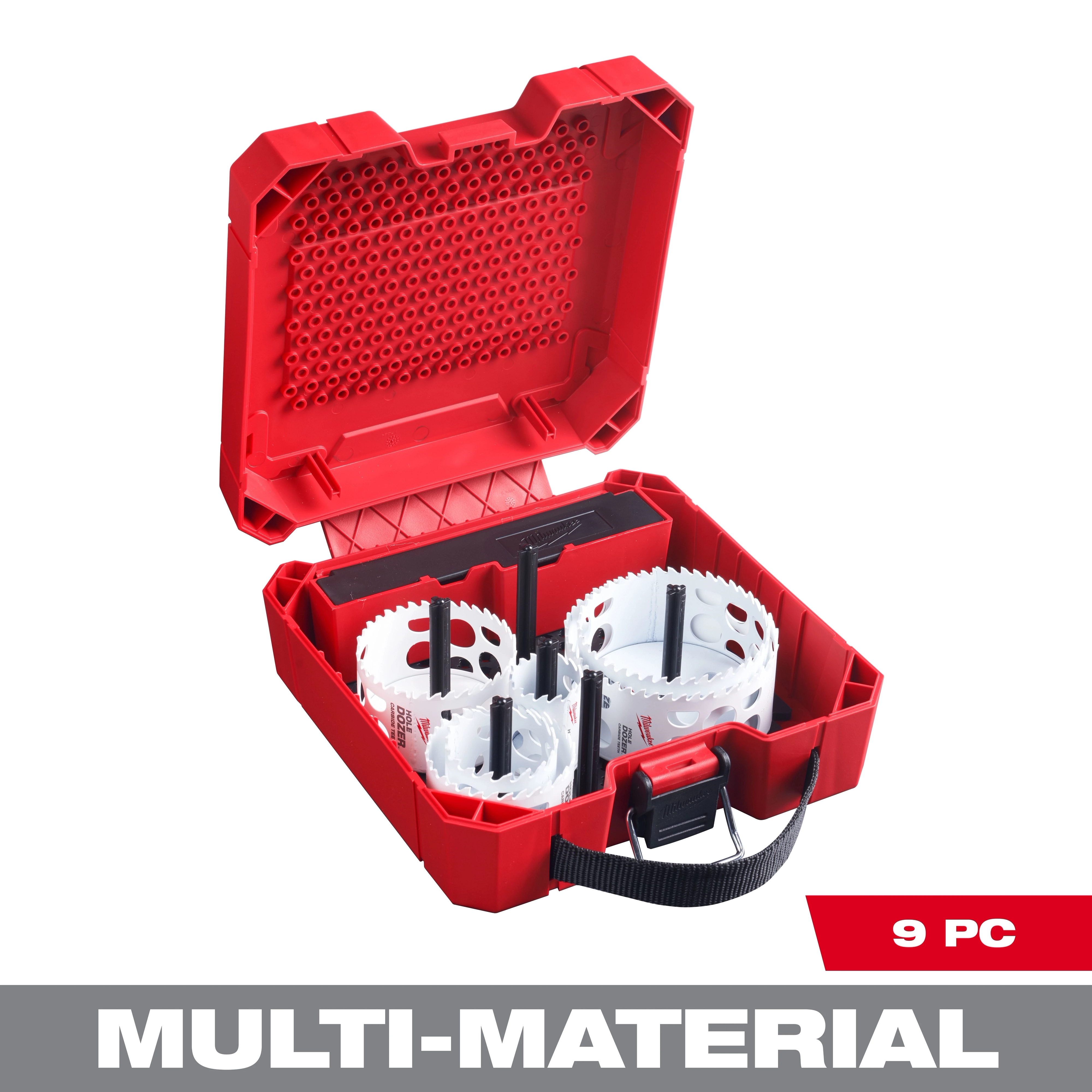 Red carrying case containing the 9 PC HOLE DOZER with Carbide Teeth Large Diameter Hole Saw Kit, designed for multi-material drilling.