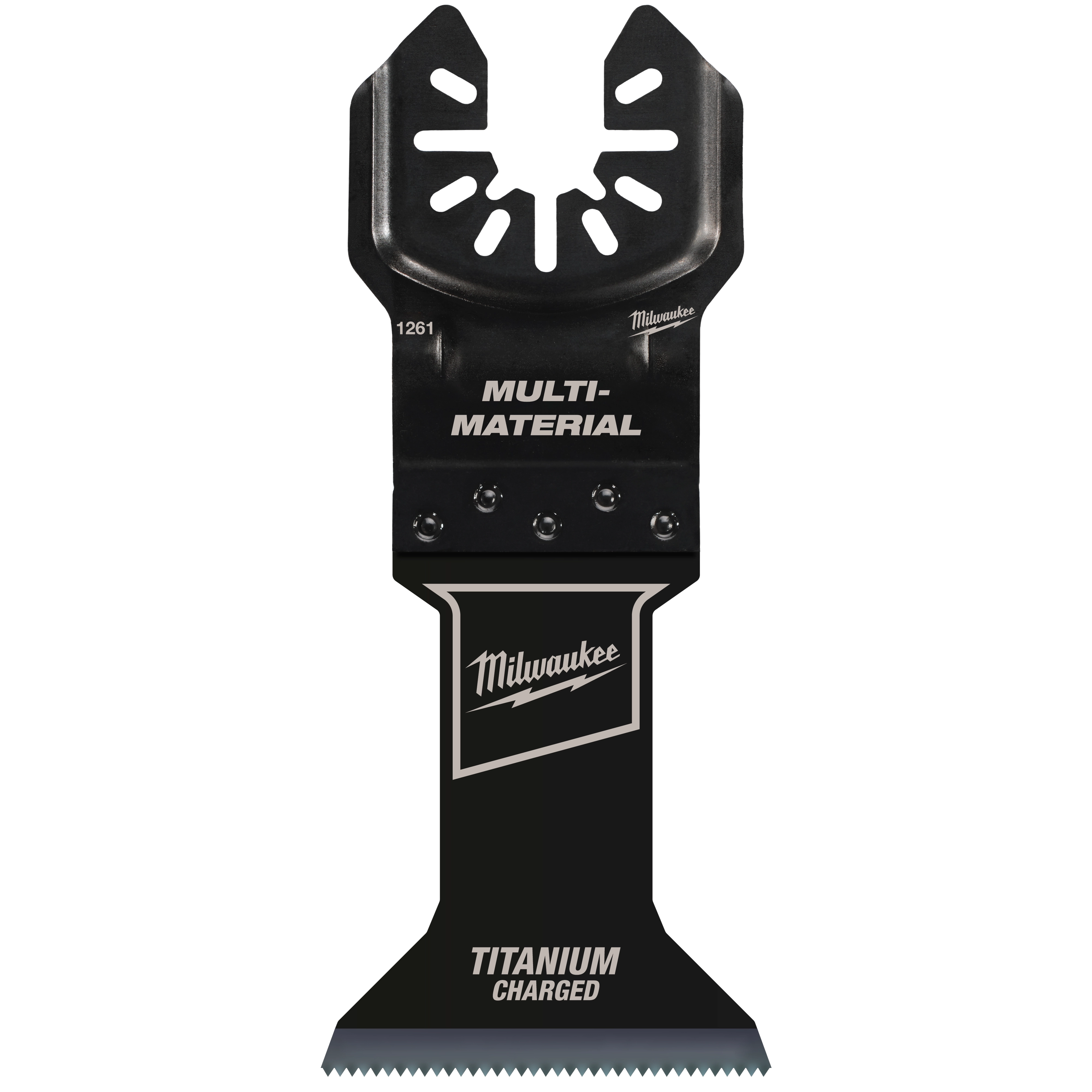 Milwaukee Open-Lok 1-3/4" Titanium Charged Bi-Metal Multi-Material Multi-Tool Blade, black with white text and logo, showcases versatility.
