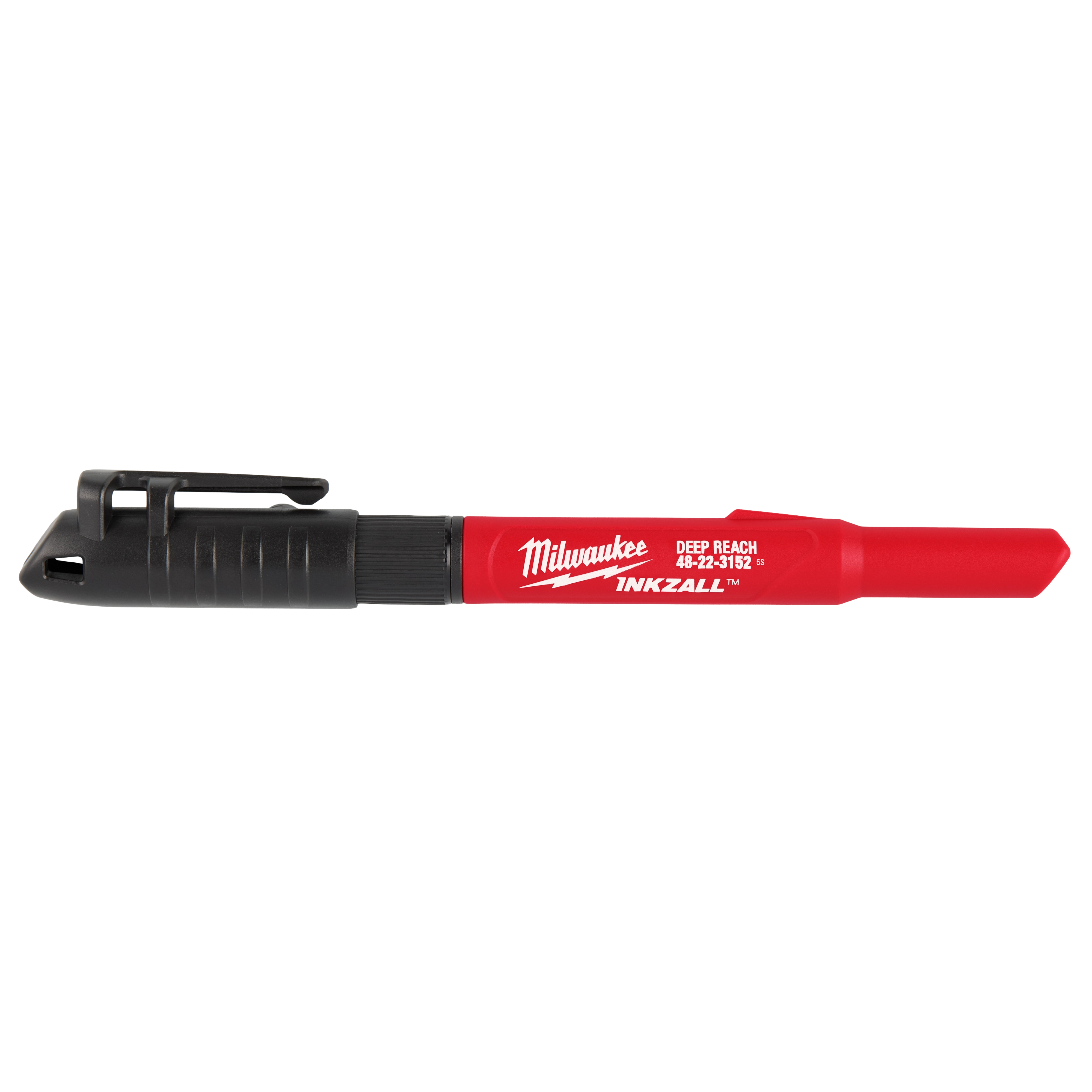 The INKZALL™ 2IN1 Deep Reach Ultra Fine Point Black Jobsite Marker features a red body with a black tip and cap. It is designed for precision marking and includes a pocket clip for easy carrying.