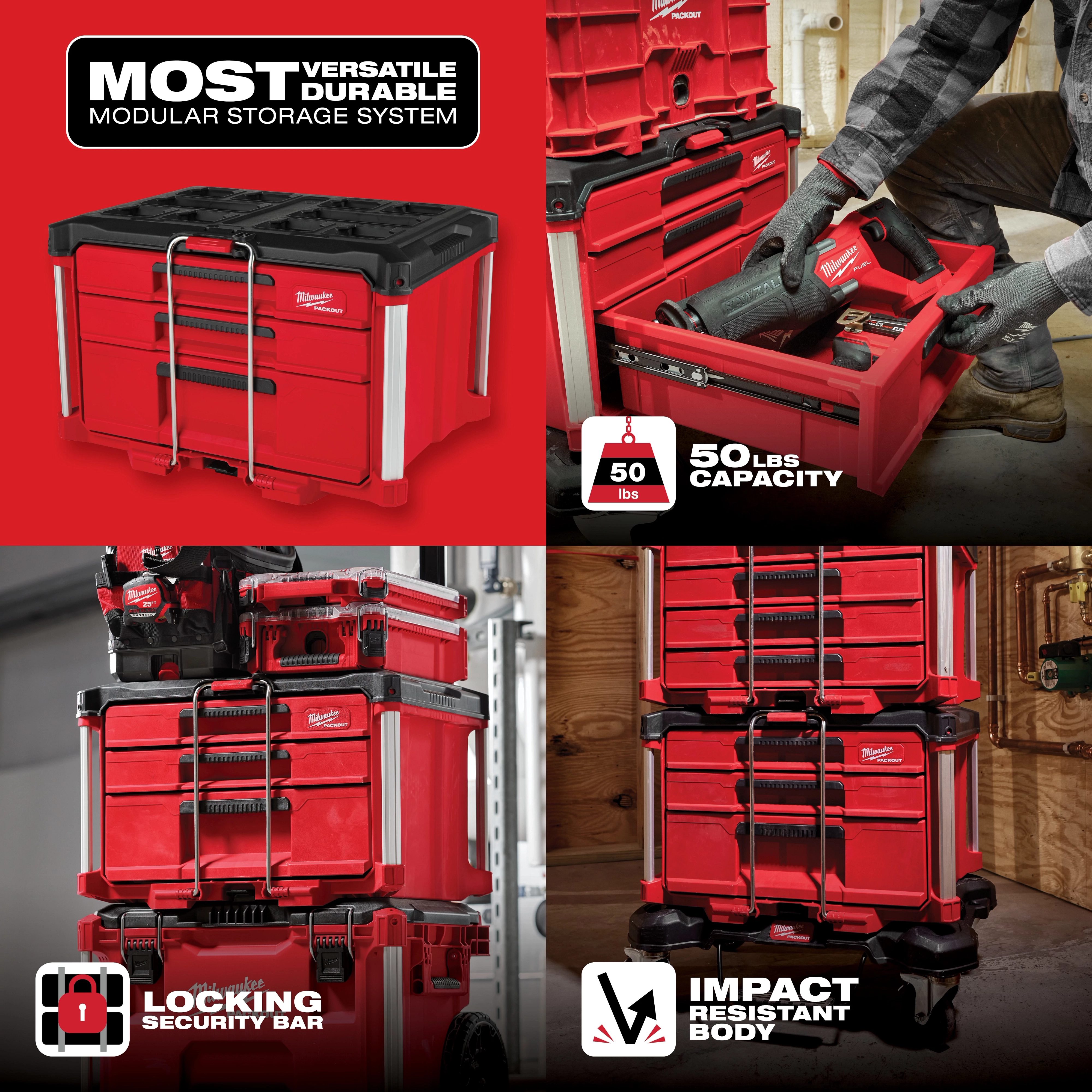 Hover Image showcases a red and black modular storage system with locking security bar, 50 lbs capacity, and impact-resistant body.