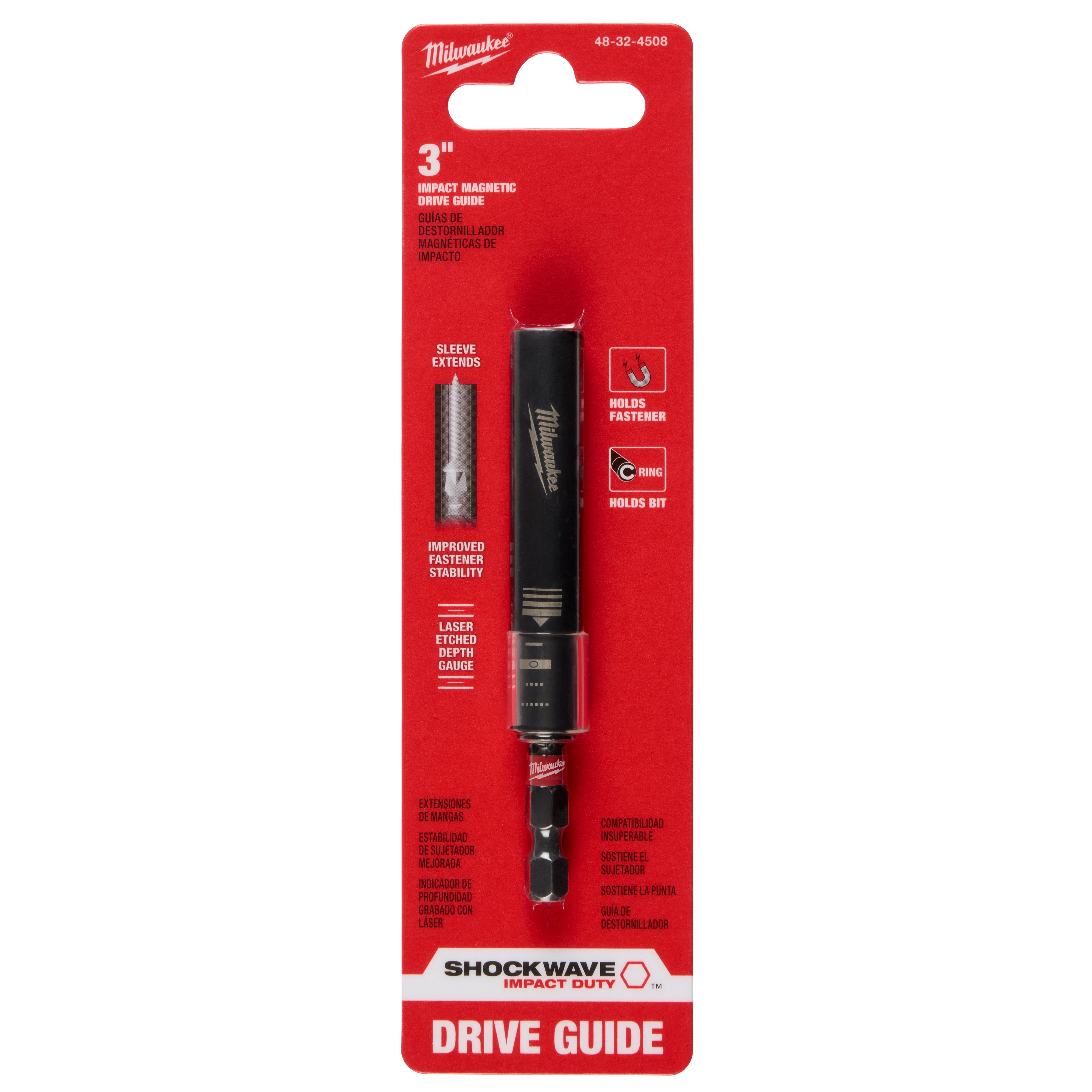 The image shows a packaging of a SHOCKWAVE™ 3" Impact Duty Magnetic Drive Guide by Milwaukee. The packaging is red with white and black text, highlighting features like improved fastener stability, laser etch gauge, and magnetic sleeve extension. The drive guide itself is visible inside the packaging.