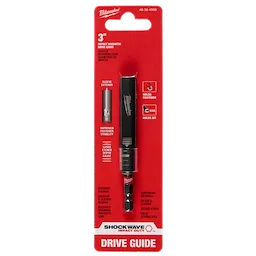 The image shows a packaging of a SHOCKWAVE™ 3" Impact Duty Magnetic Drive Guide by Milwaukee. The packaging is red with white and black text, highlighting features like improved fastener stability, laser etch gauge, and magnetic sleeve extension. The drive guide itself is visible inside the packaging.