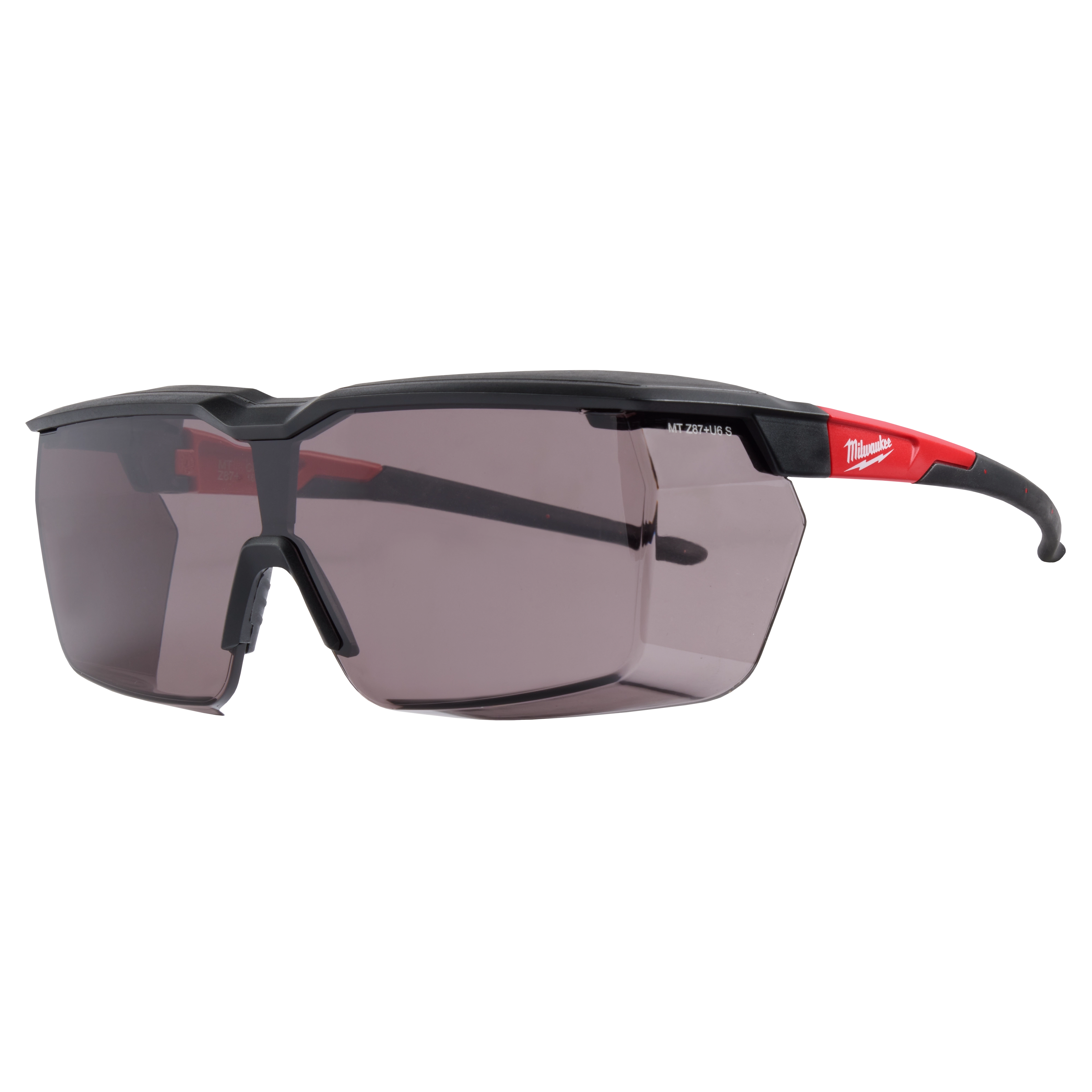 Over the Glasses - Tinted Dual Coat Lenses (OTG) with black and red frame, gray tinted lenses, and black adjustable nose piece.