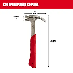 The 12oz Smooth Face Hybrid Claw Finish Hammer has an 11-inch length, 4.7-inch width, and a 1.2-inch head length.