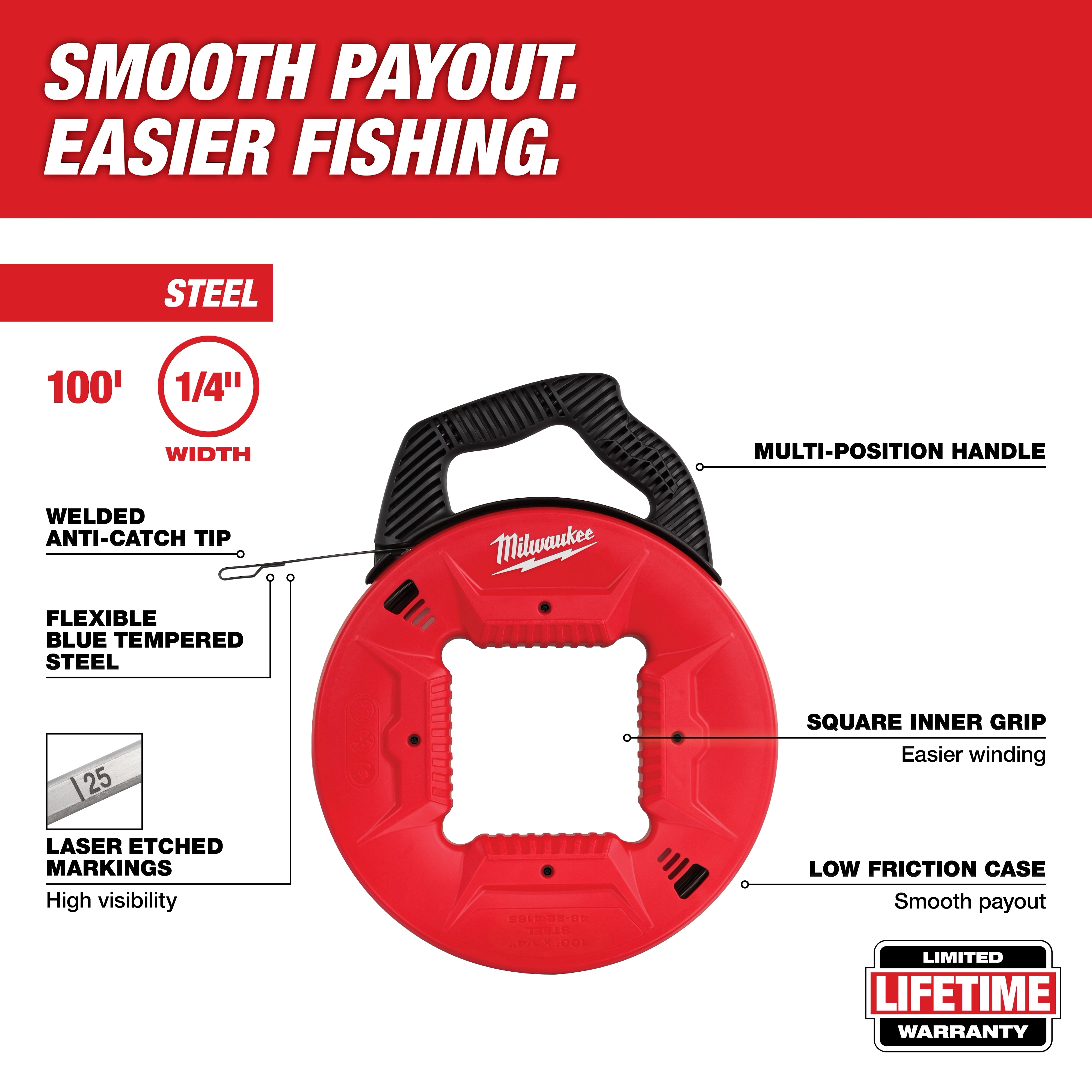 100' 1/4" Steel Fish Tape with flexible blue tempered steel, multi-position handle, laser etched markings, and a low friction case.