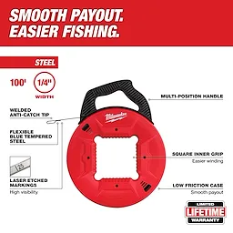 100' 1/4" Steel Fish Tape with flexible blue tempered steel, multi-position handle, laser etched markings, and a low friction case.