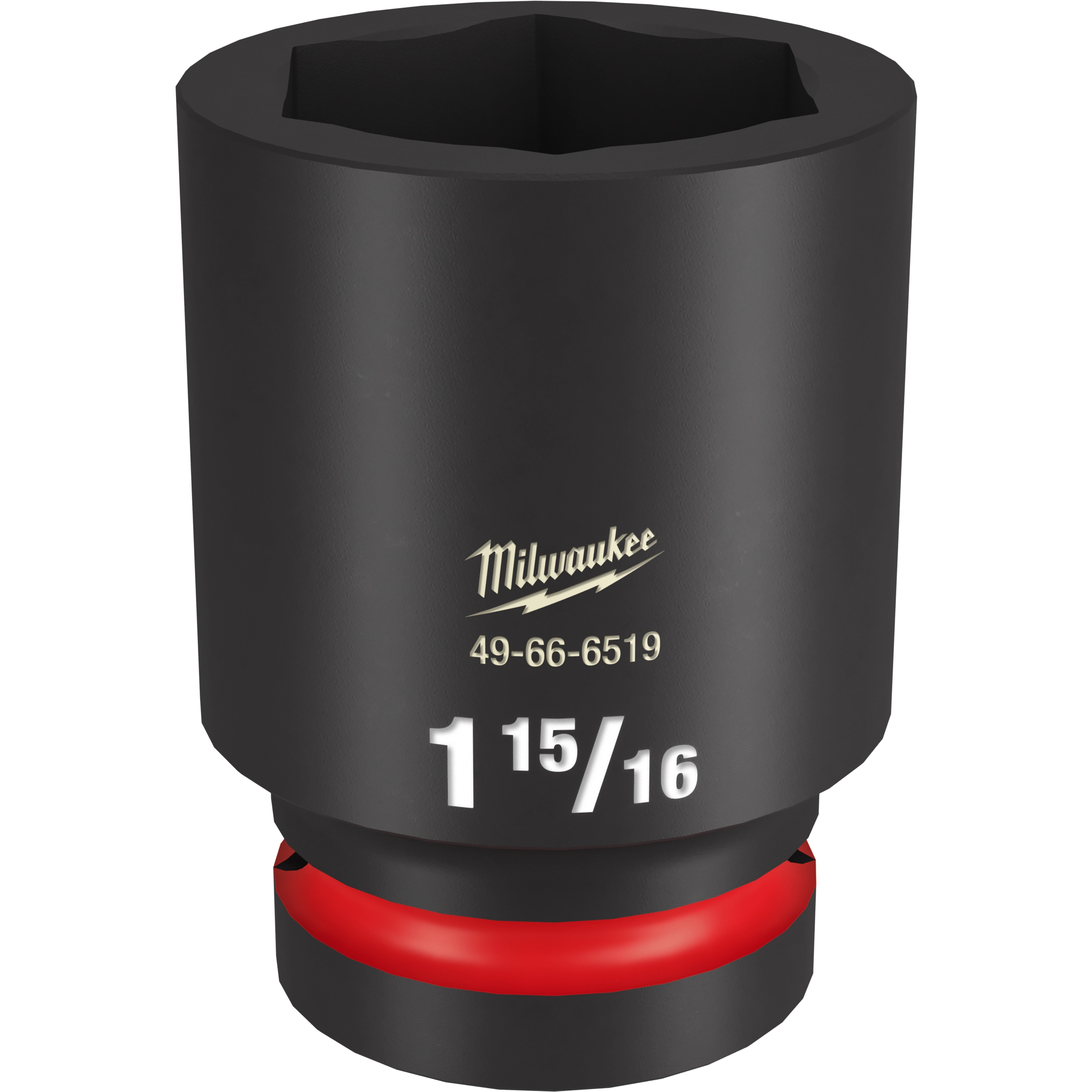 1" DR 1-15/16 Deep Impact Socket with black matte finish, engraved with "Milwaukee" and the model number 49-66-6519. The socket size, 1-15/16, is prominently displayed in white on the front.