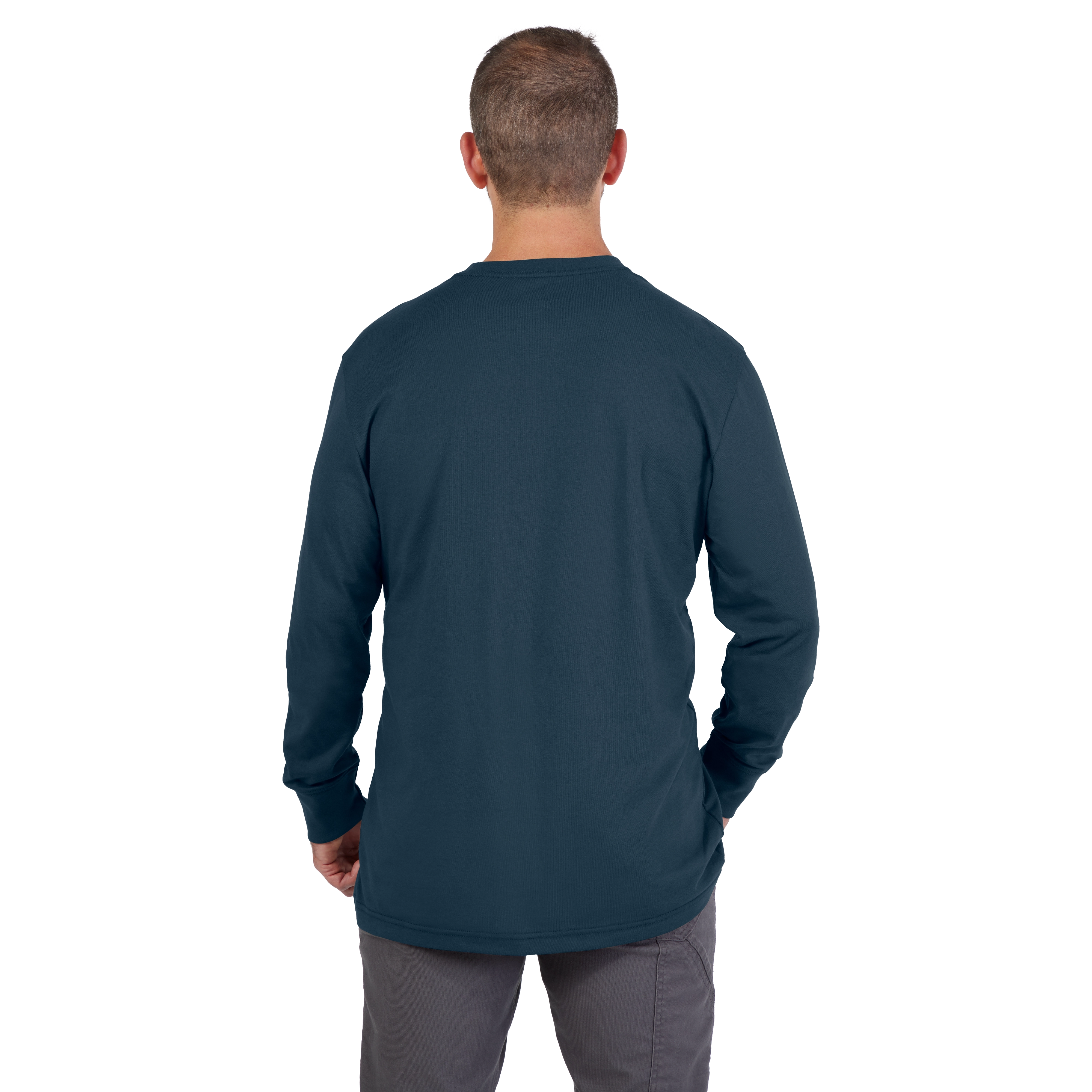 Heavy Duty Pocket T-Shirt - Blue, displayed from the back on a model, featuring long sleeves and a straight hem.