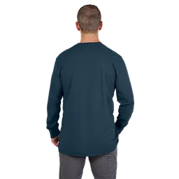 Heavy Duty Pocket T-Shirt - Blue, displayed from the back on a model, featuring long sleeves and a straight hem.